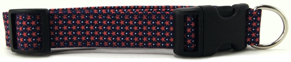 Tiny Red Stars on Navy Hearts Dog Collar