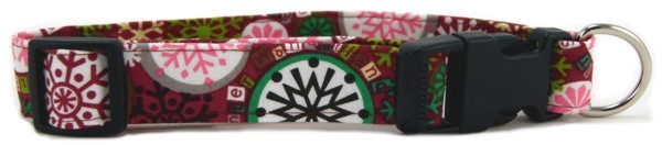 Winter Wonderland snowflakes on burgundy Dog Collar